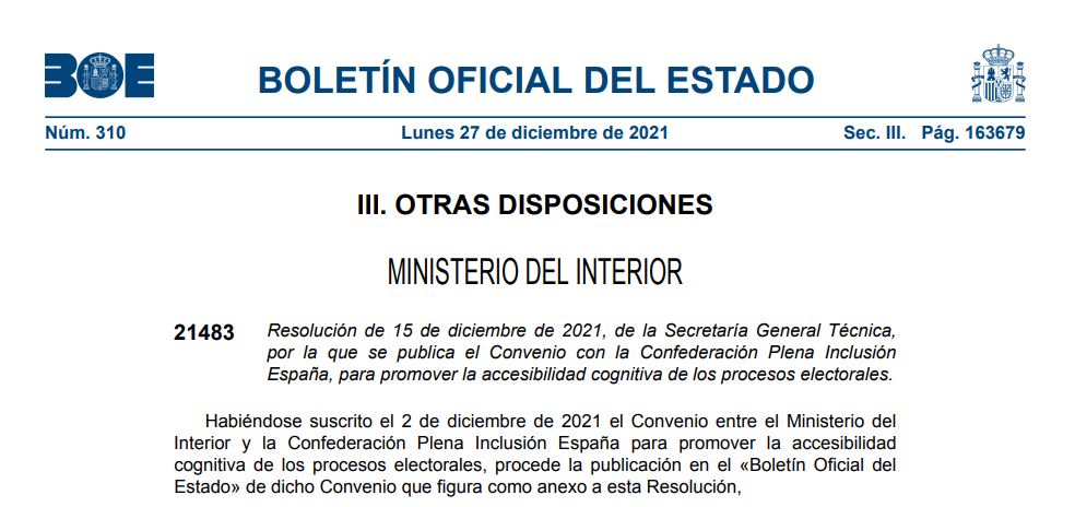 Plenainclusion's tweet photo. 🆕Hoy el BOE publica el convenio firmado entre el Min. del @interiorgob y Plena inclusión para mejorar la #accesibilidadcognitiva en las elecciones.

🗳️Seguro que en los próximos comicios de CyL se verán avances como los logrados en las de Extremadura.

🗞️https://t.co/bI624qH7w5 https://t.co/FZnseQbRcv