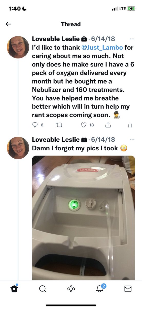 BubblesHippo5's tweet photo. I took a SS from my tweet 6/14/18 thanking @DrLambo_ (who was still a man there😂) for my nebulizer. My tweet, my pic and a joke ta boot! That’s how this turned into a oxygen mask from the dumb fucks. They acted like they found gold when it was me who posted it #notoxygen 😂🖕🏻🥳 https://t.co/q2YtQT7G6q