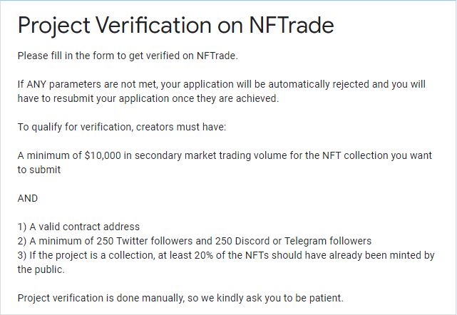 SpaceWarriorNFT's tweet photo. What we need for verification on @NFTradeOfficial 

1- Valide Contract Address ✅ 
2- 250 Followers on Twitter ✅
3- 250 Discord Member (Discord at 10% Sold)🚨
4- Collection Mint at 20% 🚨

⚔️Let's Get these 2 last requirements done⚔️

#NFT #NFTGame #AVAXNFT #Avalanche #AVAX https://t.co/p1UZnvImQE