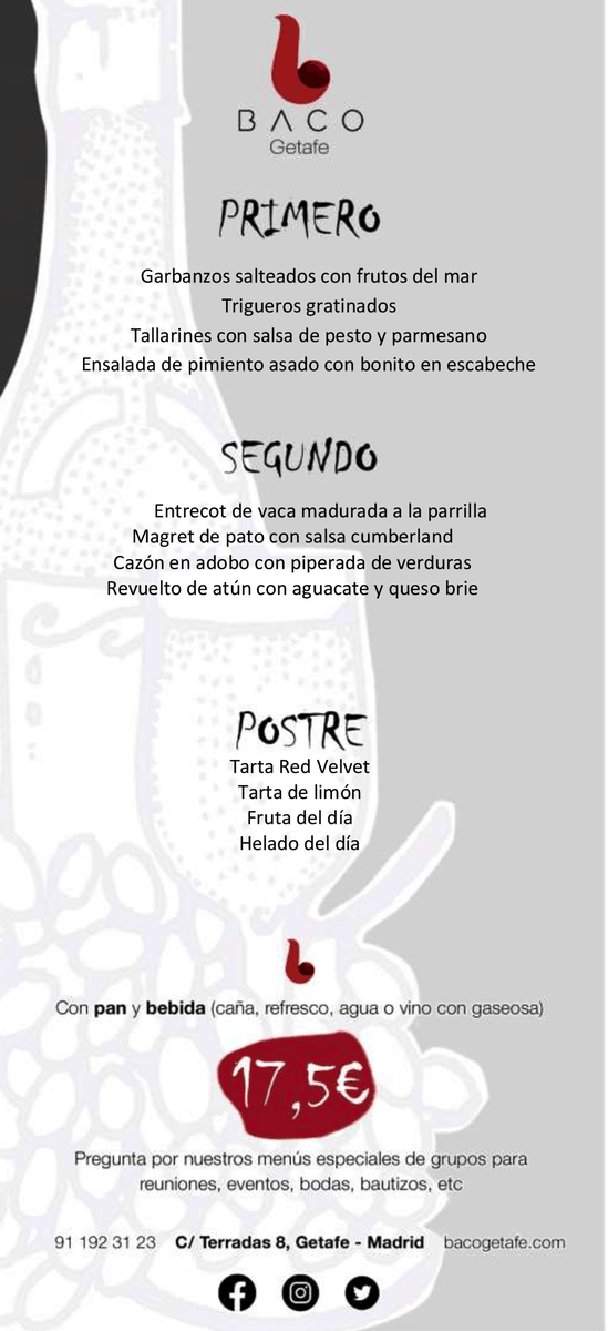 Lo mejor del lunes es volver a verte y disfrutar de este maravilloso #menudiario 💥 ¿Ya sabes que platos quieres degustar hoy? Te esperamos en #bacogetafe 😃