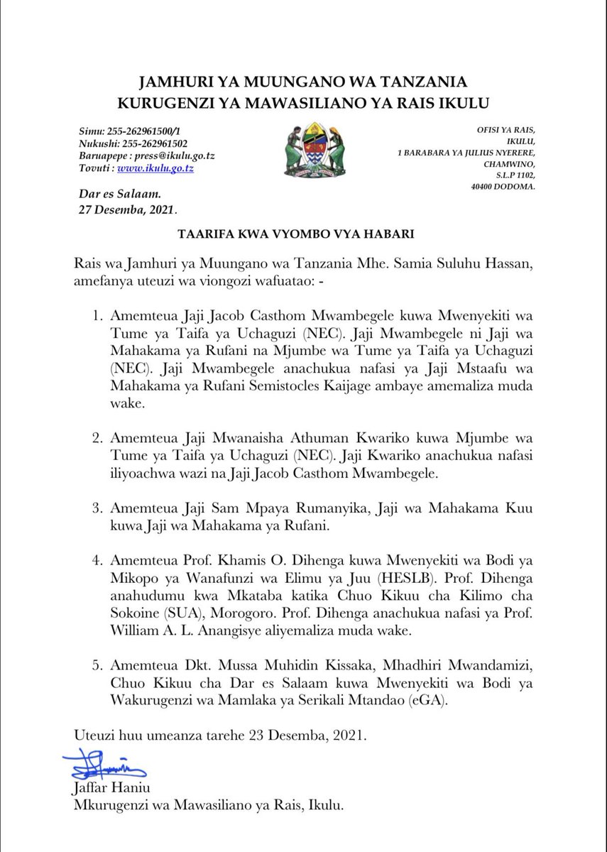 TanzaniaLeaks's tweet photo. CCM Chair, Pres @SuluhuSamia appoints Judge Jacob Mwambegele of the Court of Appeal as a National Electoral Committee Chair. Judge Mwambegele is among the judges who overruled the High Court precedent to disqualify DED who are CCM cadres to serve in the Electoral Comm. #FreeNEC https://t.co/KIHIByk9HA