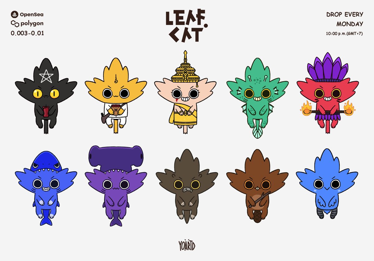 ✨NEW DROP✨
LEAFCAT #087-#096 🍁
My new drop will be release on 27/12/2021 at 10:00p.m.(GMT+7)
on POLYGON👾

Check out my work at : 
opensea.io/collection/lea…

#LEAFCAT #LEAFCATGANG #NFT #NFTCommunity #NFTthaiartist #NFTThailand #polygon #opensea