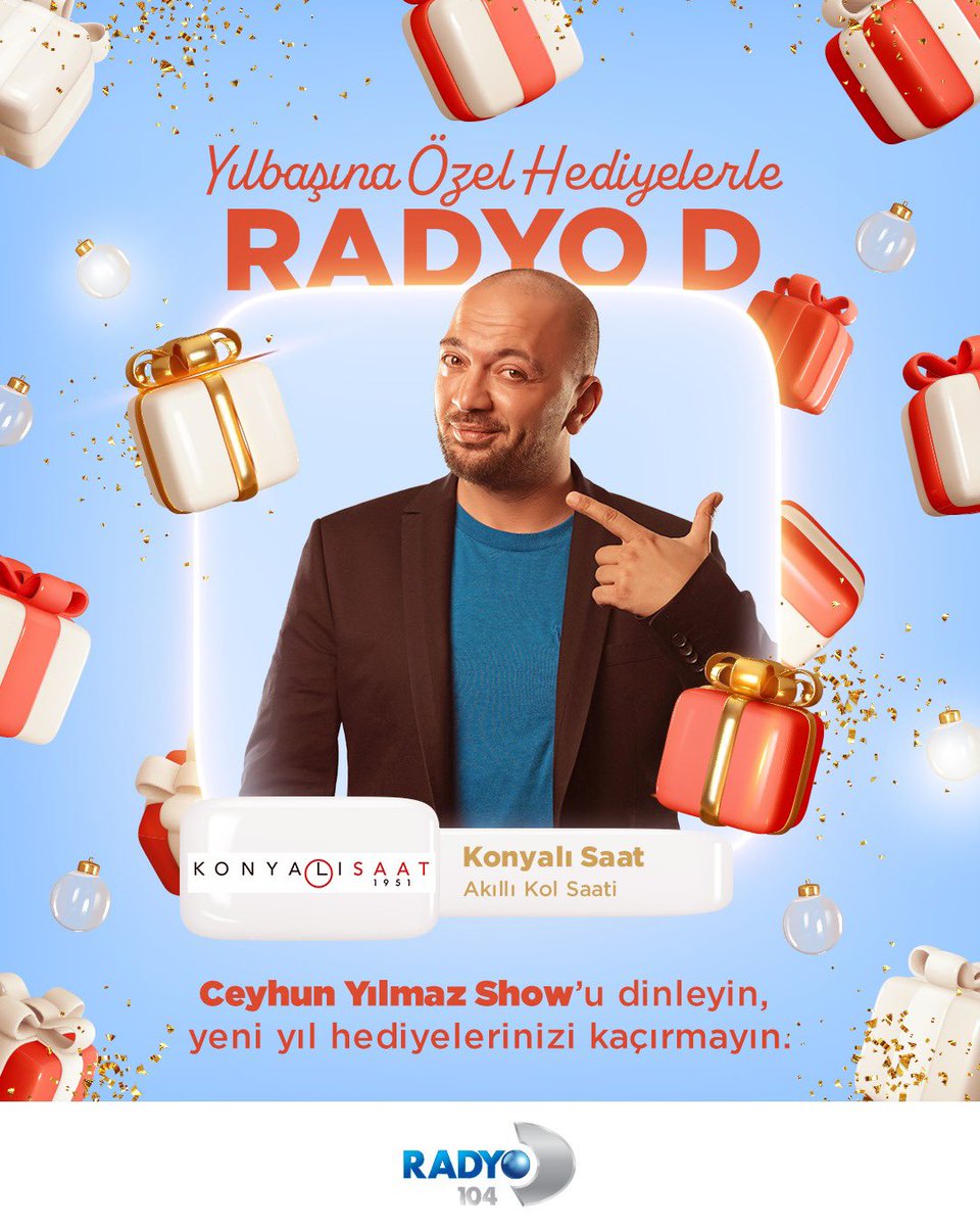 RadyoD104's tweet photo. Ceyhun Yılmaz Show başlıyor! 💙

Konyalı Saat’ten Akıllı Kol Saati kazanmak için bizi takip edin ve bu tweeti retweetleyin. 🎁

Kazananı öğrenmek için yayını kaçırmayın. 🎶

#Çekiliş #Hediye @ceyhunyilmaz @konyalisaat https://t.co/earFKxMnYf
