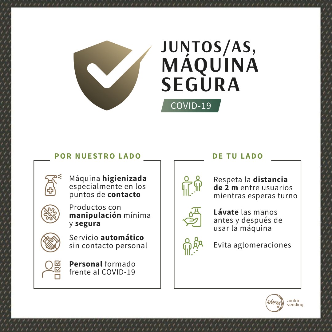 AMFMvending's tweet photo. En AMFM Vending nos preocupamos por ti, por ello nuestro equipo de operadores llevan a cabo un exhaustivo protocolo de limpieza y desinfección de nuestras máquinas certificado por @anedavending (Asociación Española de Vending) para un vending seguro 😷#covid19 #vending https://t.co/f9TfIQRUo0