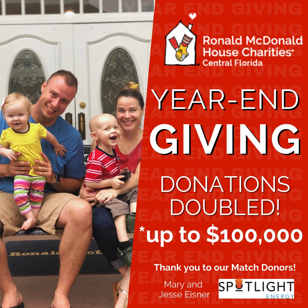 RMHC of Central FL (@rmhccf) on Twitter photo Double your Year-End donation to Ronald McDonald House Charities® of Central Florida by making a gift to support children and families facing serious illness now through December 31. Mary and Jesse Eisner will be joining Spotlight Energy, raising our total match up to $100,000! Double your Year-End donation to Ronald McDonald House Charities® of Central Florida by making a gift to support children and families facing serious illness now through December 31. Mary and Jesse Eisner will be joining Spotlight Energy, raising our total match up to $100,000!