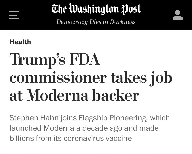 7/ Also,  @ScottGottliebMD joined Pfizer’s board a few months after leaving his FDA post. Similar goes for Trump’s last FDA commissioner Stephen Hahn who months after leaving his post took a job with the company that “launched Moderna.”