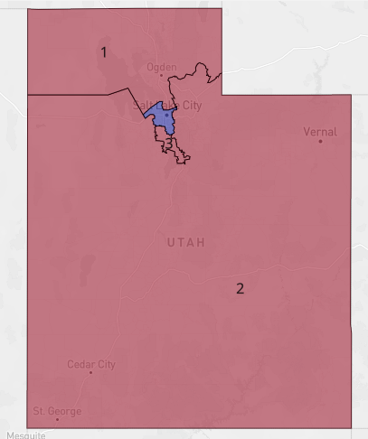 lad_map's tweet image. Here is a more traditional fair Utah map. District 4 is a safe Democratic seat and the rest of the seats are safe Republican. District 2 remains a rural district but it takes on part of Utah County to allow district 1 to take on all of north Utah. #ElectionTwitter
