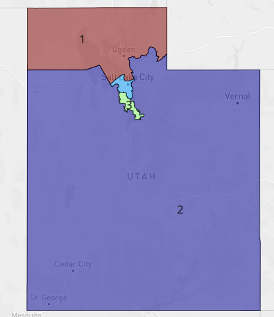 lad_map's tweet image. Here is a more traditional fair Utah map. District 4 is a safe Democratic seat and the rest of the seats are safe Republican. District 2 remains a rural district but it takes on part of Utah County to allow district 1 to take on all of north Utah. #ElectionTwitter
