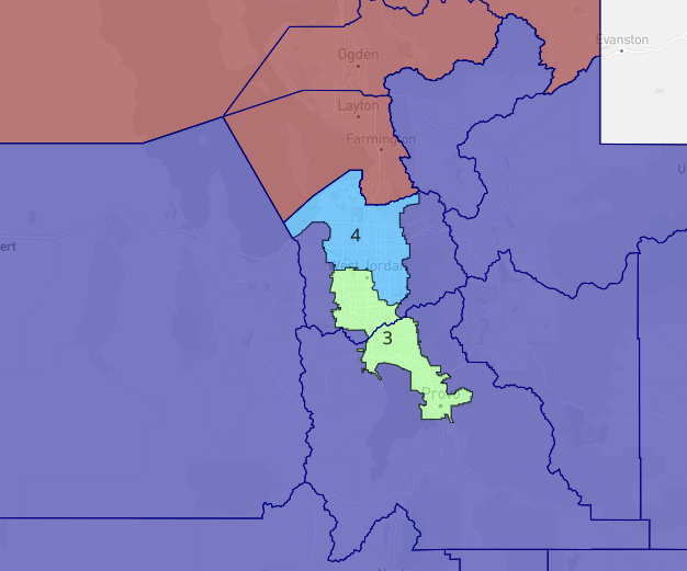 lad_map's tweet image. Here is a more traditional fair Utah map. District 4 is a safe Democratic seat and the rest of the seats are safe Republican. District 2 remains a rural district but it takes on part of Utah County to allow district 1 to take on all of north Utah. #ElectionTwitter