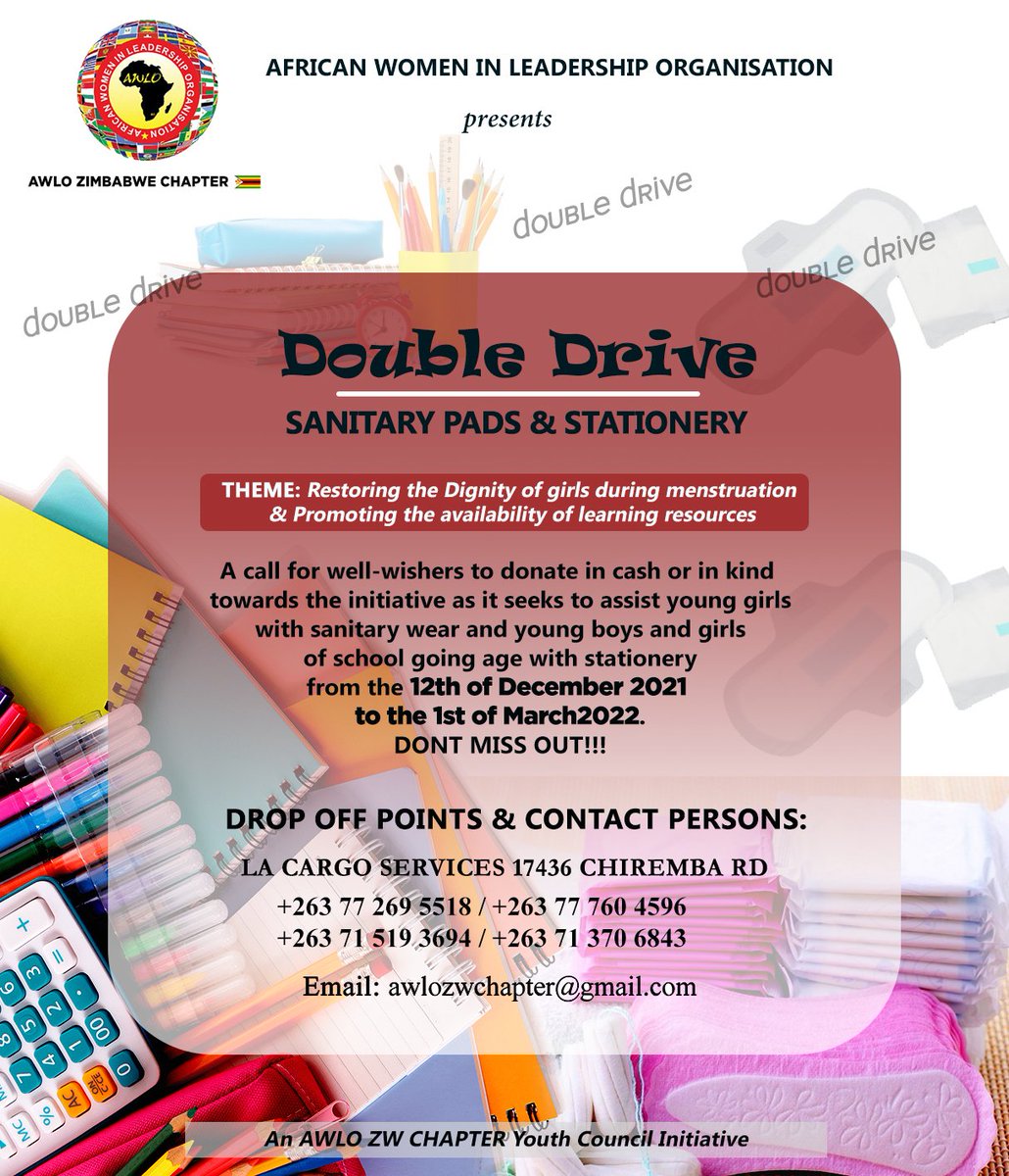 OgraNkala's tweet photo. A pack of pads, one pen, book or pencil is what will make a difference and bring a smile to someone's soul. We are calling for your generousity ane sacrifice to join hands and change the narrative. 

@AWLOInt 
@AWLOZimbabwe 
#AWLO
#DoubleDrive https://t.co/5FTrZpFR1h