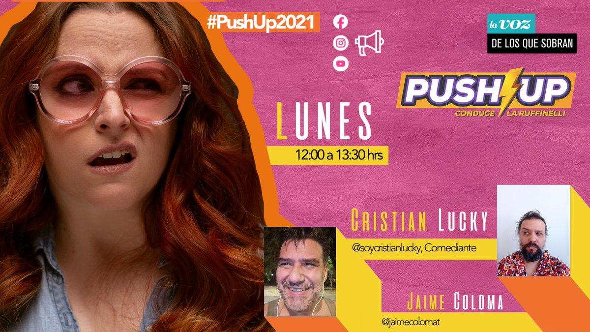 losquesobrancl's tweet photo. Hoy en #PushUp2021 con @bruffinelli en el matinal de los flojos:
⚡ Cristian Lucky @soycristianlucky, comentando los titulares.
⚡ Jaime Coloma @jaimecolomat
⚡ Columna con Piare con Pe #Panoramas
Sigue le programa en vivo:
https://t.co/XmIUshyD3H https://t.co/yivDNd36SX