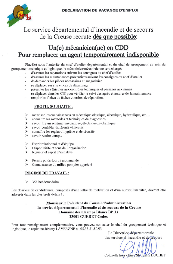 [Poste à pourvoir]
Vous aimez :
➡ Les🚒🔴 
➡ Le travail d'équipe 🤝
➡ Œuvrer au service du public

Ce poste de mécanicien polyvalent au sein du <a href="/SDIS23/">SDIS 23</a> peut vous intéresser.

Contact ⤵⤵⤵⤵⤵ ou en DM

<a href="/montagne_creuse/">La Montagne Creuse</a> <a href="/Prefet23/">Préfet de la Creuse</a> @FBCreuse <a href="/Departement_23/">Département Creuse</a> <a href="/TMatonnat/">Thierry Matonnat 📻</a>