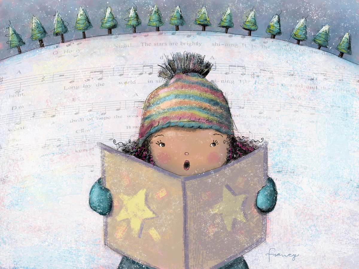 francyjudge2's tweet photo. Finished another illustration for #winteradventfun - the prompt: Christmas Traditions. I love listening to Christmas carols (I can't sing) especially my favorite, Oh Holy Night. #Christmas #kidlitart #illustration #reasonfortheseason #ChristmasCarol https://t.co/tFYr1Th3Y8