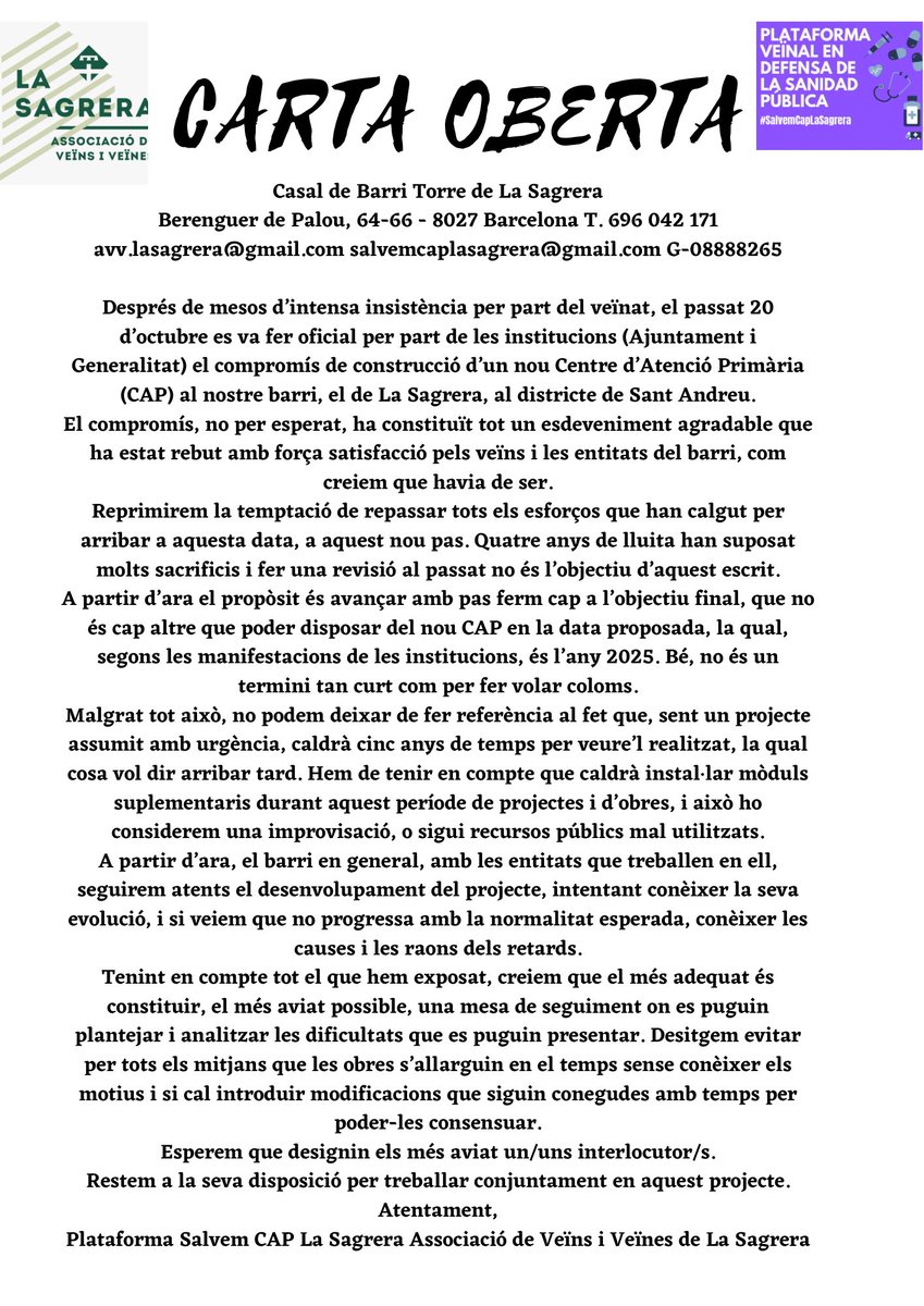 SalvemCAPSgr's tweet photo. L'experiència ens ha demostrat que a les Administracions cal marcar-les de prop perquè compleixin els seus compromisos. Per aquesta raó juntament amb @avvlasagrera hem fet aquesta carta reclamant una comissió de seguiment de les obres i el compliment dels terminis.
#NouCap
👇👇 https://t.co/rmfPapE781