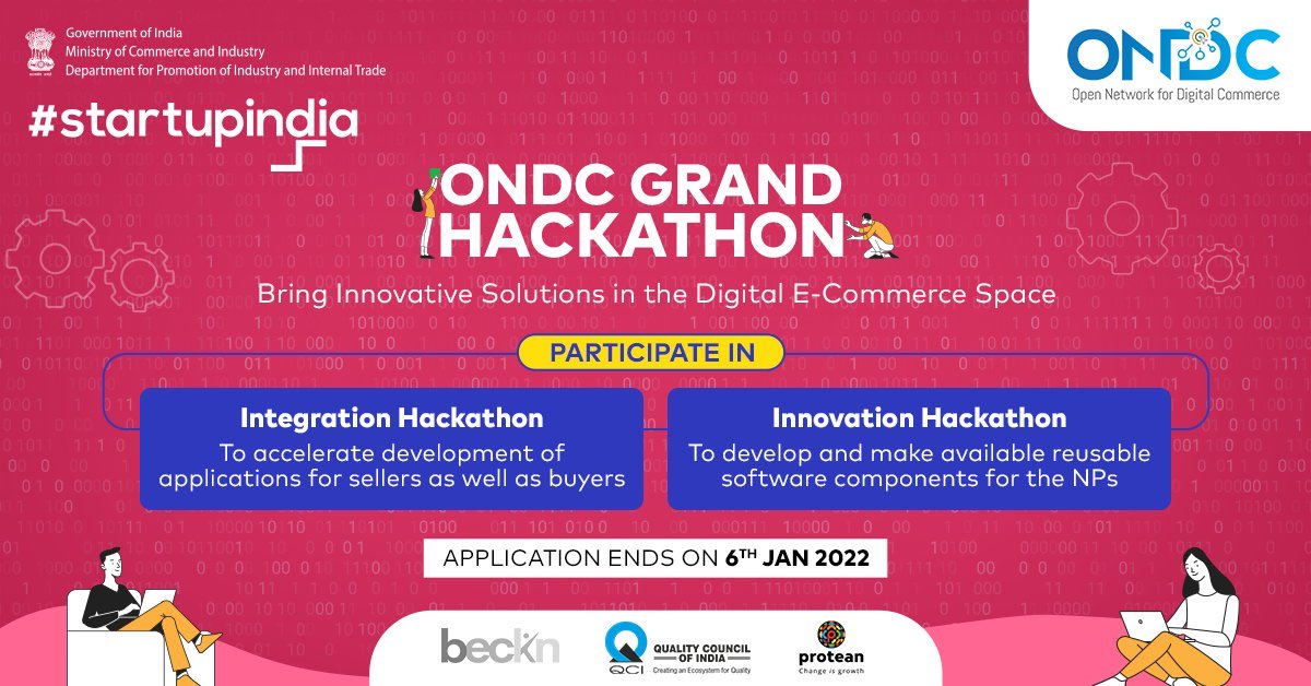<a href="/EY_India/">EY India</a> is supporting <a href="/ONDC_Official/">ONDC India</a> to organize #ONDCGrandHackathon from 7–9 Jan’22 to power future of Indian #ecommerce. Opportunity for eComm companies, retailers and logistics players to join transformative initiative #ONDC.
Know more and register @ startupindia.gov.in/content/sih/en…