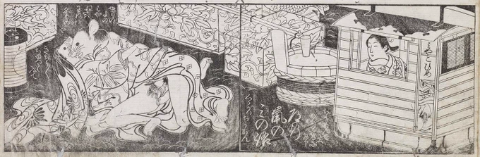 絵師は西川祐信かといわれている『新色 閨の鳥貝』という艶本(1715年刊行)の挿絵です。かわいいねずみ。

「闇の夜の早わざ、我らが得物じゃ」
「きちゅ〜きちゅ〜ちゅっと入れて」

日文研所蔵(渋井清 旧蔵) 