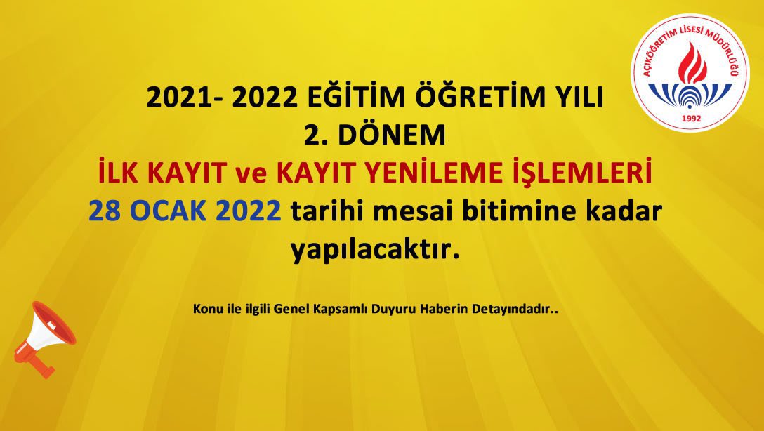 Açık Öğretim Lisesi 2021 - 2022 eğitim öğretim yılı  2021-2 dönemi ilk kayıt ve kayıt yenileme 28 Ocak 2022 tarihi mesai bitimine kadar yapılacaktır.
<a href="/tcmeb/">Millî Eğitim Bakanlığı</a> <a href="/memleventyazici/">Levent Yazıcı</a> 
📢 aol.meb.gov.tr/www/onemli-duy…