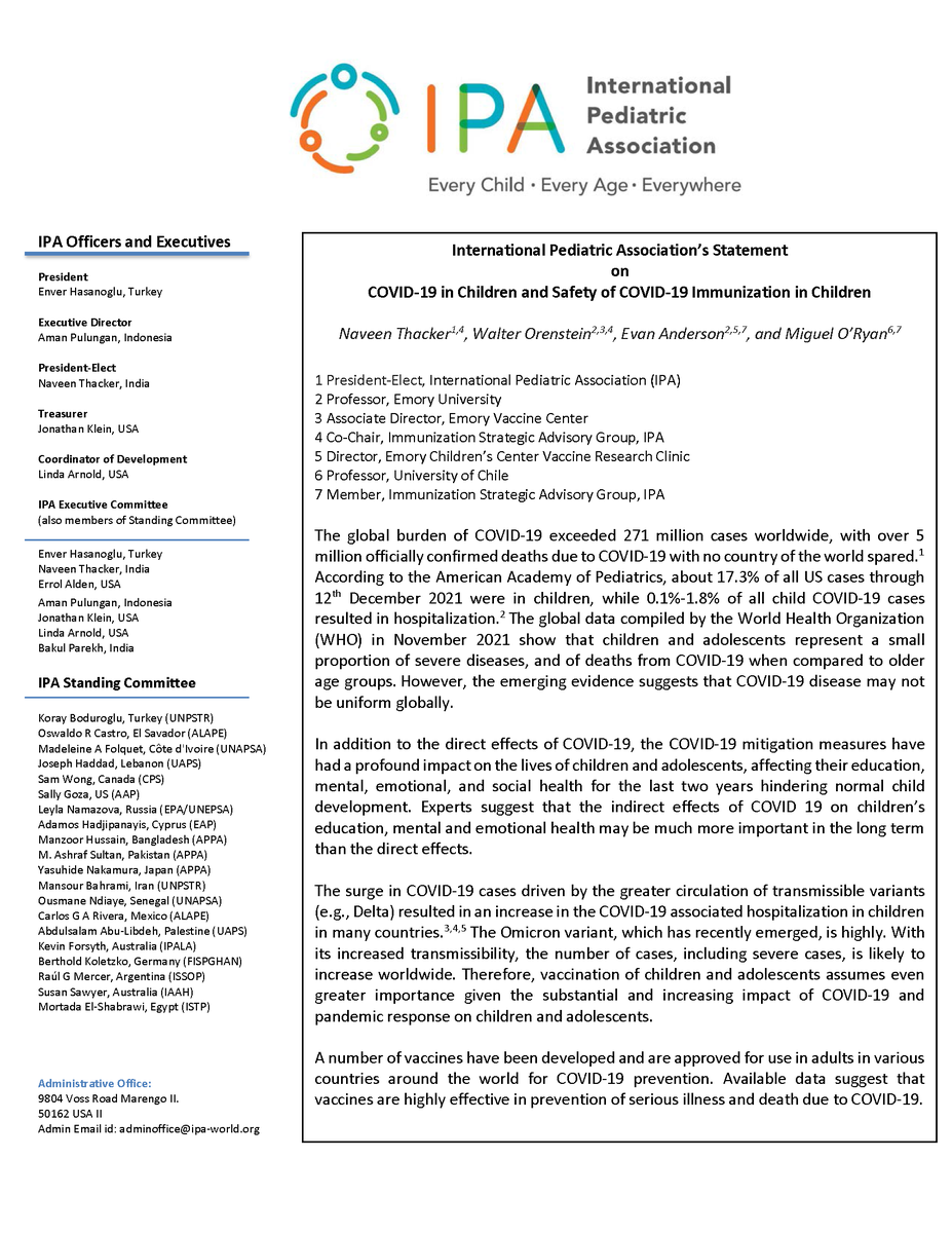 IPAWorldorg's tweet photo. The International Pediatric Association (IPA) has released a Statement on COVID-19 in Children and Safety of COVID-19 Immunization in Children. Read the full statement via this post or on the IPA website https://t.co/1DcZB21Vn2 

#EnverHasanoglu @UNICEF https://t.co/YlhCBPP4fE