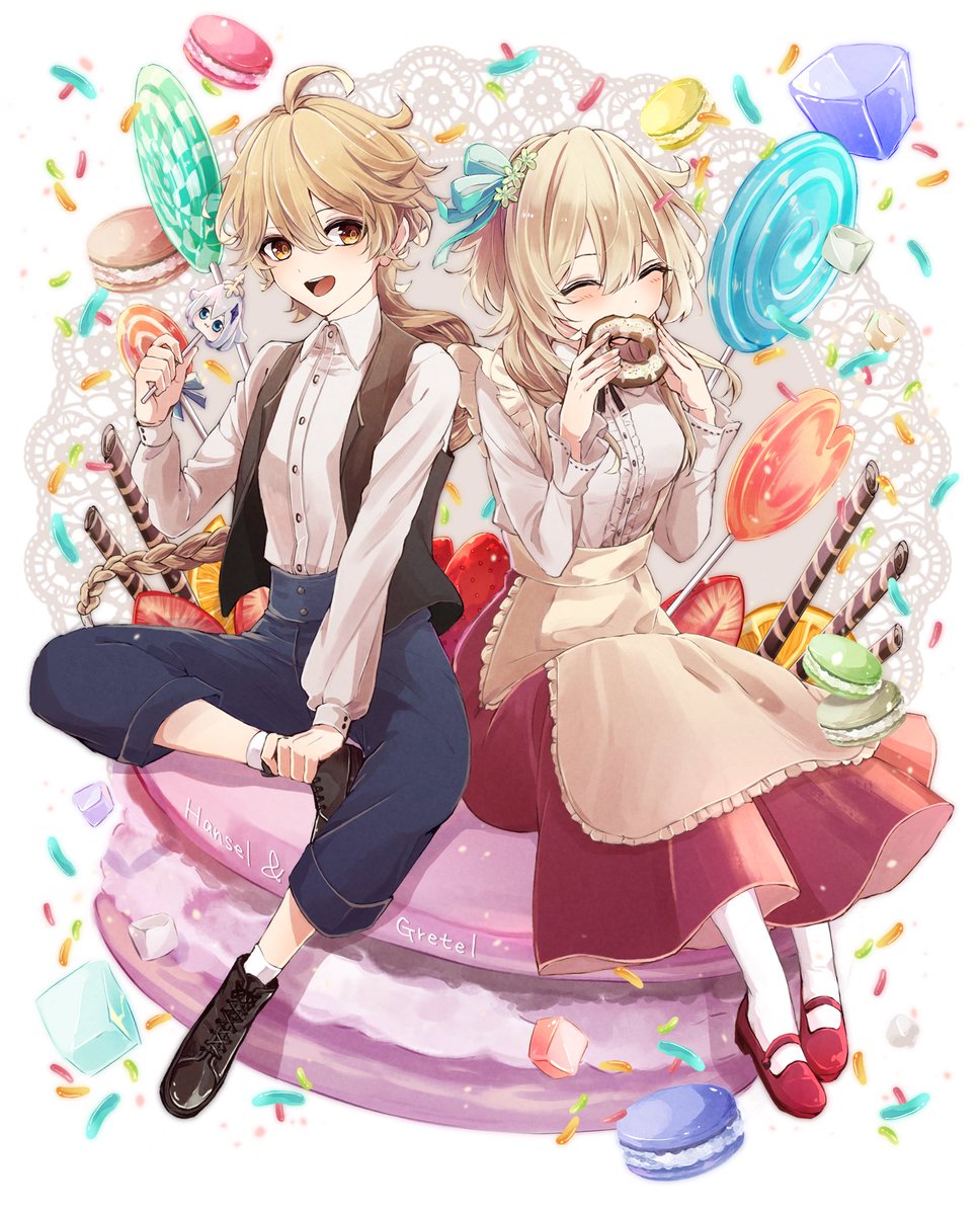 aether (genshin impact) ,lumine (genshin impact) 1girl 1boy blonde hair food siblings brother and sister closed eyes  illustration images