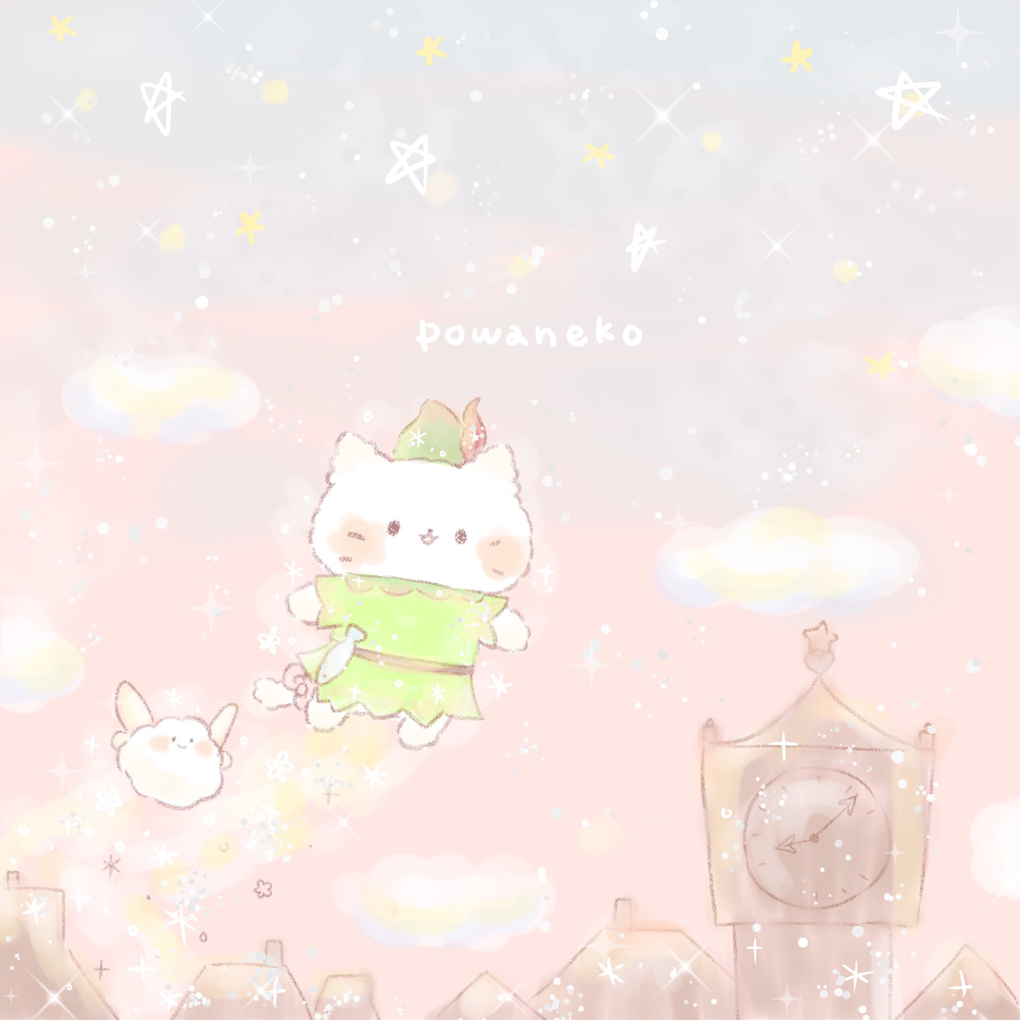 ぽわねこ Lineスタンプでた 12 27 今日は ピーターパンの日 1904年のこの日 ピーターパンがロンドンで初演されたんだって お空を飛ぶのはきもちいいにゃ イラスト 今日は何の日 ぽわねこ 絵描きさんと繋がり