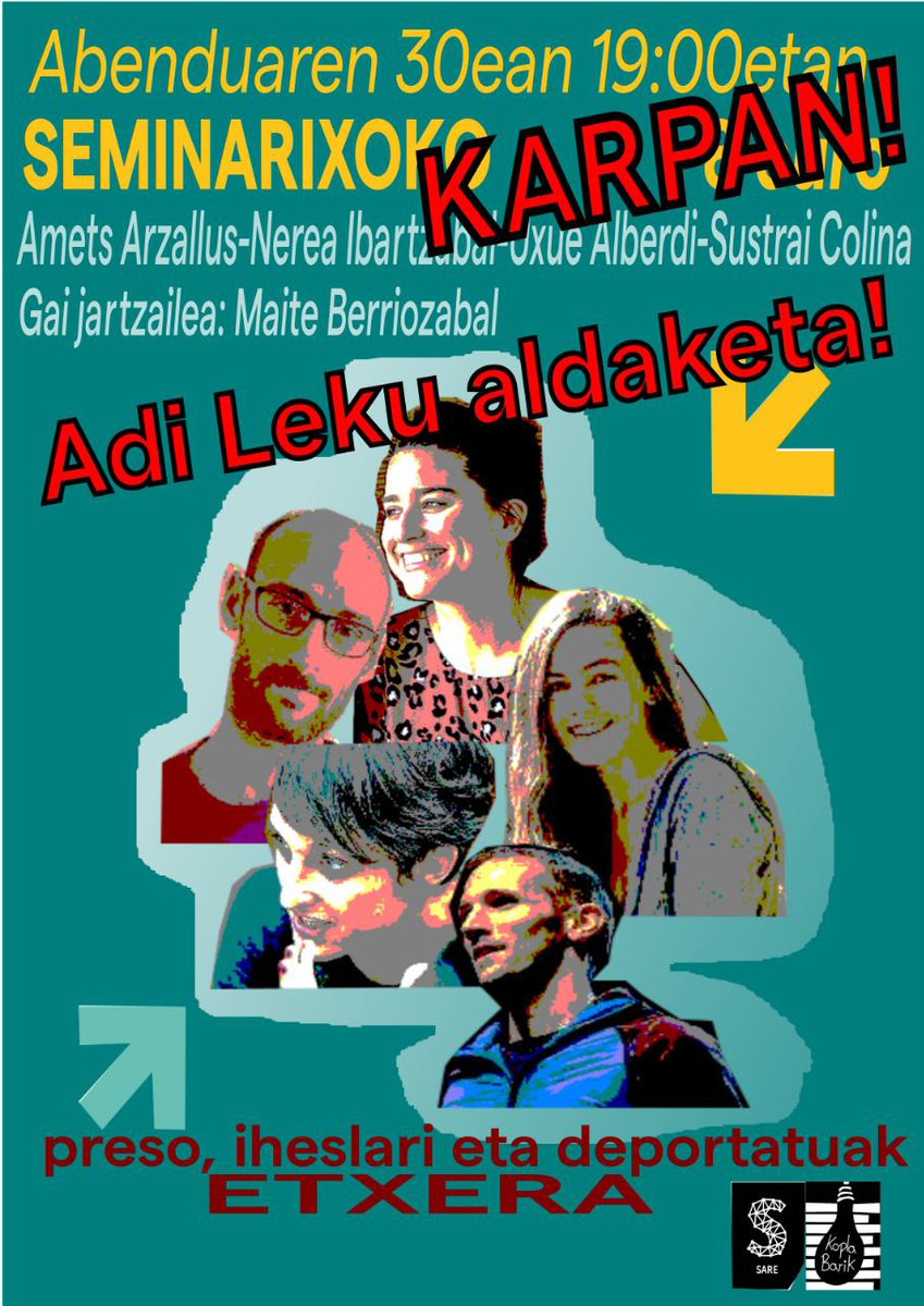 gurearterasare's tweet photo. Adi, lekua aldatu dugu. Hartu sarrera lehenbailehen. Seminarixoko karpa goxo- goxo jartzen saiatuko gara eta ez dugu inor baztertuko, horregatik egin ahalegin berezia ekimen honetan parte hartzen.
Preso, iheslari eta deportatu guztiak etxera. https://t.co/oVzfgWLMJa
