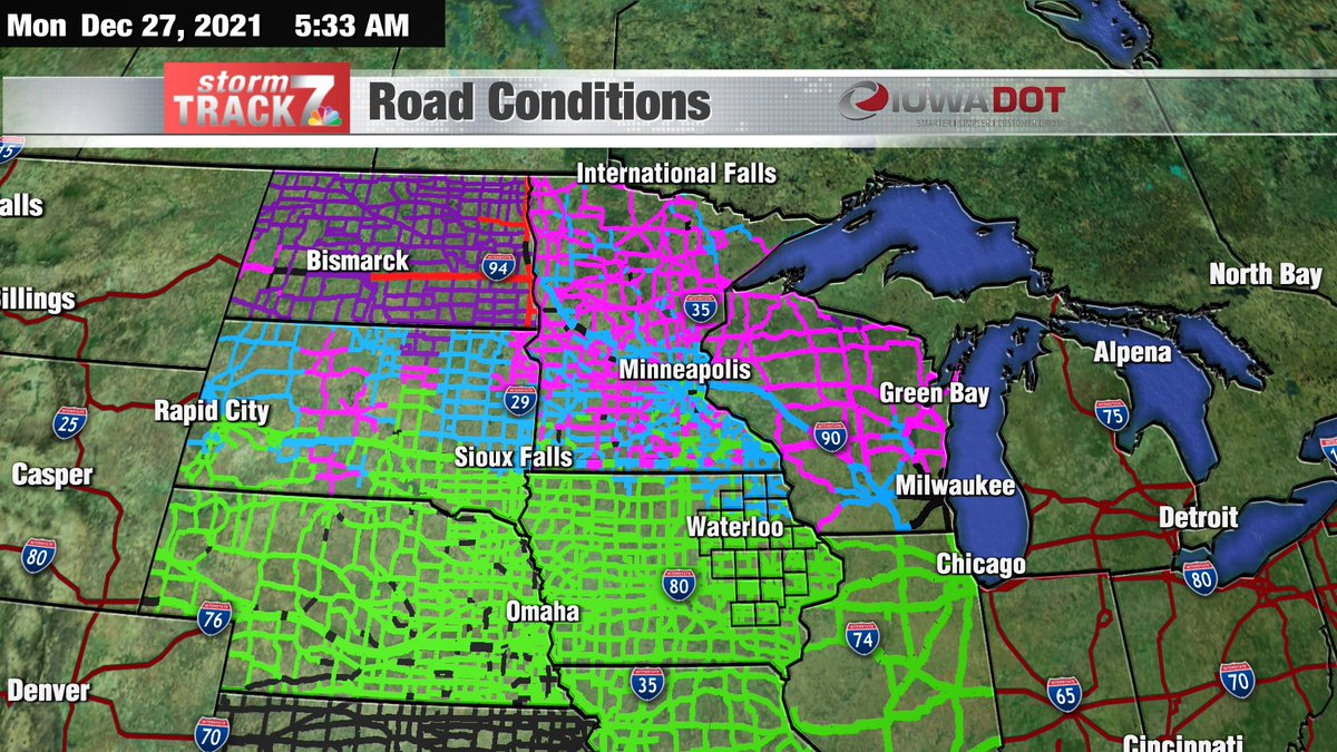 KWWL's tweet photo. Hopefully you are not traveling north today. Roads are impassable and travel is not advised across North Dakota with blizzard conditions. All of Minnesota and Wisconsin have partially to completely covered roads, and you'll find slick spots in north Iowa and South Dakota. https://t.co/JZPC18aw0s