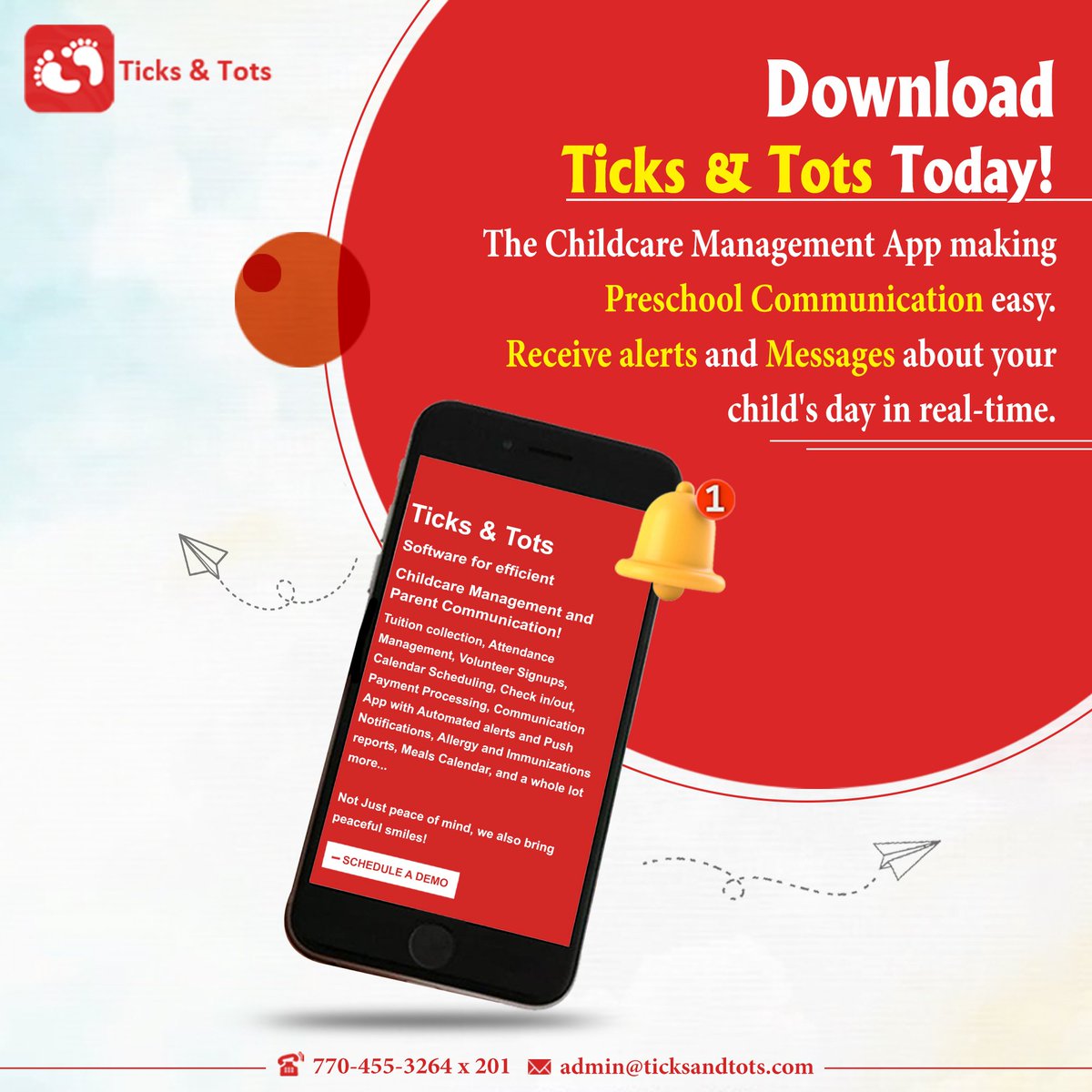 Now get automated alerts and messages about your child's daily activities through our #app
Our application is available on both Android &amp; IOS versions
For more information Contact: (770)-455-3264
Register at:
ticksandtots.com/register/

#TicksandTots #Software #ParentTeacherSoftware