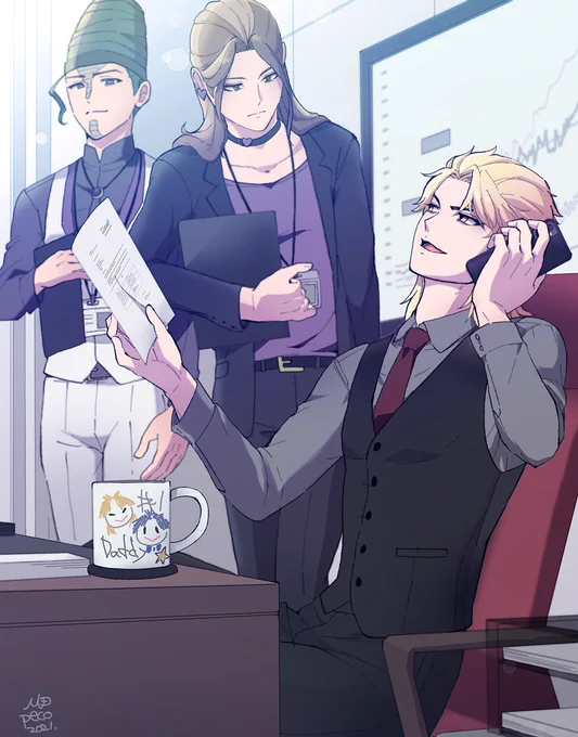 息子から貰ったパパの似顔絵入りマグカップを普段使いするパパたち The mug is a gift from their son, Giorno #jjbafanart  #jjba 