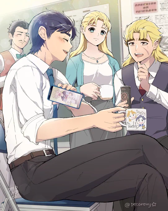 息子から貰ったパパの似顔絵入りマグカップを普段使いするパパたち The mug is a gift from their son, Giorno #jjbafanart  #jjba 