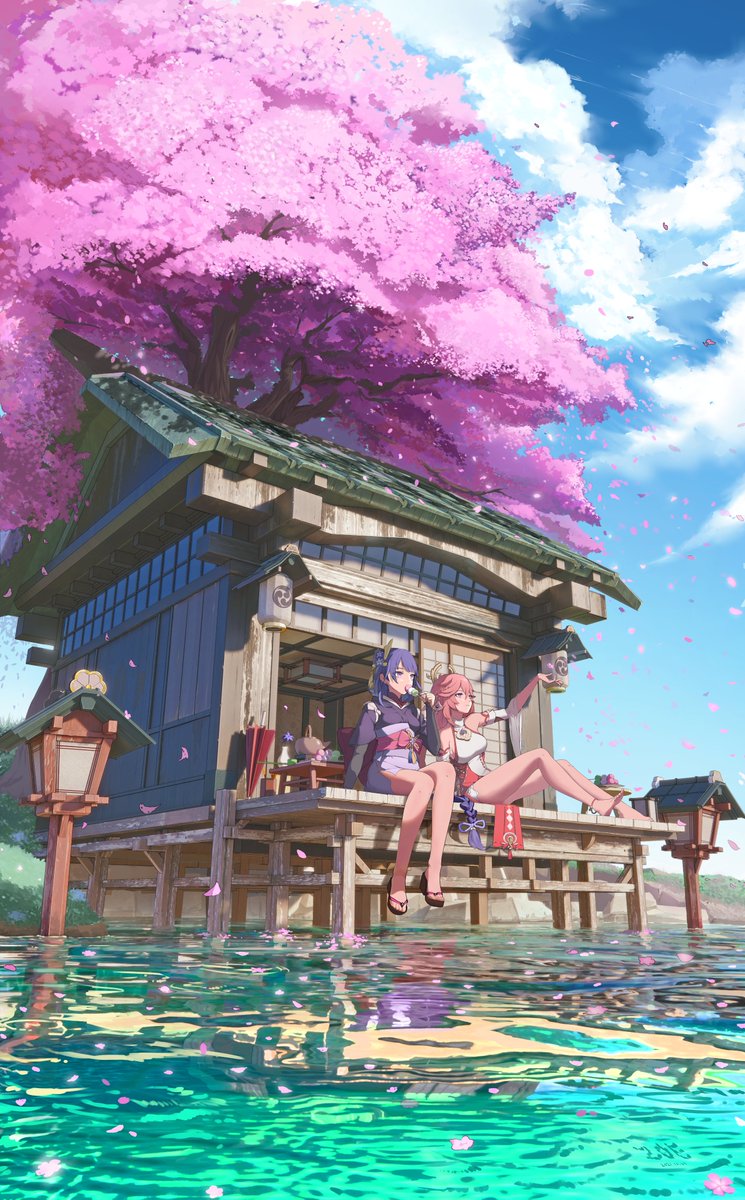 Genshin Impact Ei &amp; Yae Miko art by ZoE 
So beautiful 🌸
Source: pixiv.net/artworks/95066… 
#GenshinImpact #genshinimpactfanart #Raiden #yaemiko