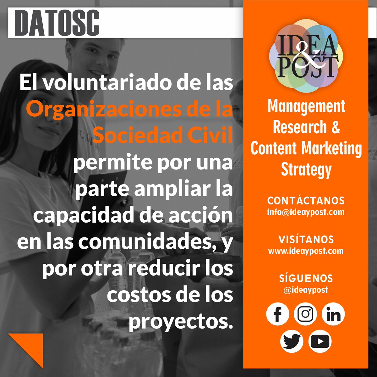ideaypost's tweet image. Las organizaciones de la sociedad civil son más eficientes y eficaces con la participación activa de personas voluntarias.

Síguenos en @ideaypost o visita nuestro #blog en ideaypost.com y conoce más #datosc

#ideaypost #tercersector #osc #comdesarrollo #voluntariado