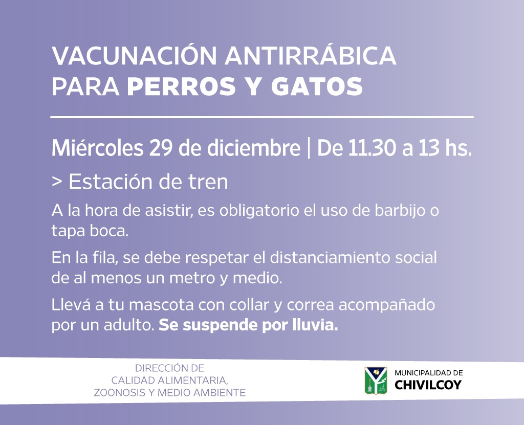 MuniDeportes's tweet photo. VACUNACIÓN ANTIRRÁBICA PARA PERROS Y GATOS 🐶🐱

📆 29 de diciembre
🕦 11:30 a 13:00 hs
⛲Estación de Tren

📍Es obligatorio acudir con tapa boca. Se deberá respetar la distancia de al menos 1,5m

📍Si sos menor, lleva tu mascota acompañado de un adulto.

🌧Se suspende por lluvia https://t.co/rIHMaQpA8d