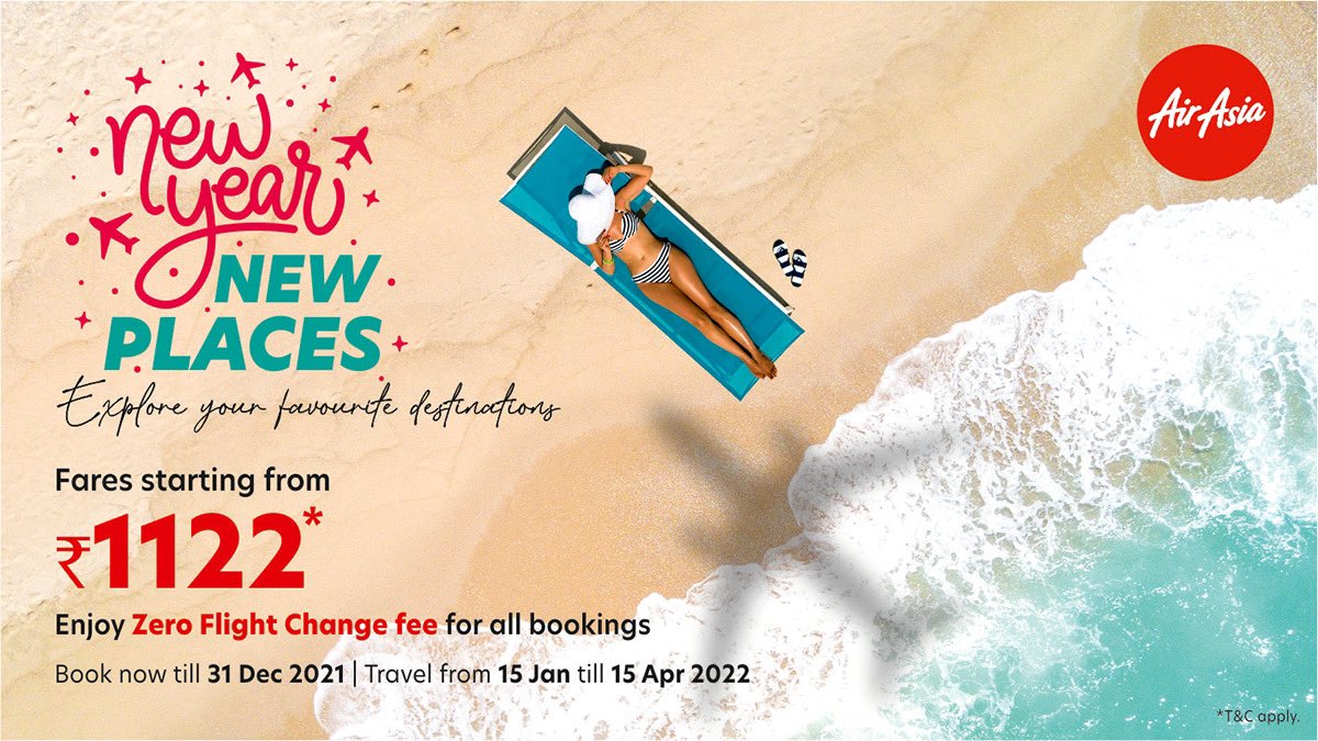 AirIndiaX's tweet photo. Make your new year resolutions real! Plan for 2022 with AirAsia India’s #NewYearNewPlaces sale, with fares starting from ₹1122. Book till 31 Dec for travel before 15 Apr 2022. #PlanTheChange and change your dates free, unlimited times. To book: https://t.co/4gF7kesYi3 https://t.co/vJRKkzOACH