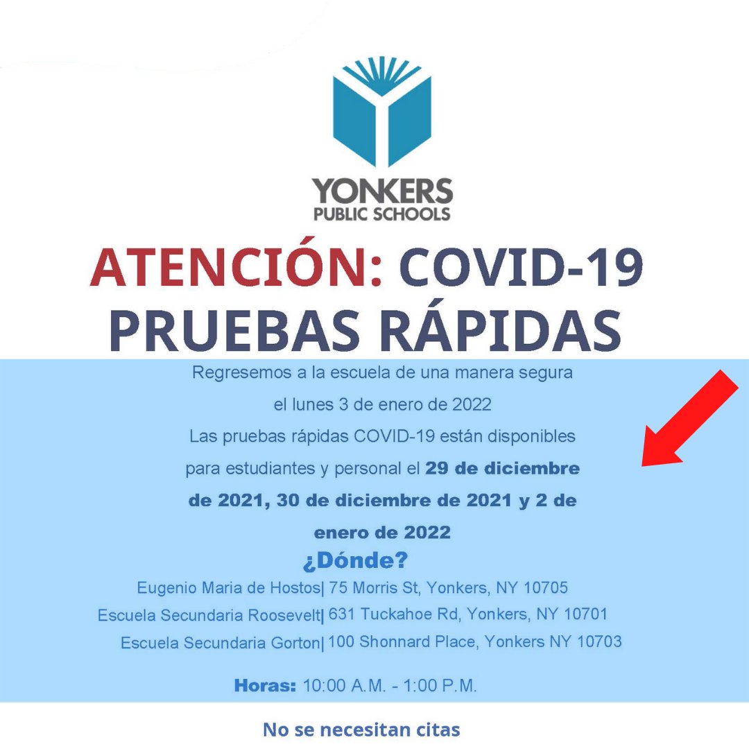 ¡Regresemos a la escuela de manera segura el lunes 1/3/22! 
☑️Pruebas rápidas GRATUITAS de COVID-19 para ESTUDIANTES y PERSONAL 
☑️Miércoles 12/29
☑️Jueves 12/30 
☑️Domingo 1/2
☑️10AM-1PM cada día. Ubicaciones ⬇️