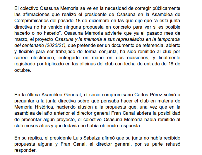 osasunamemoria's tweet photo. LA MEMORIA ES SALUD

El Colectivo Osasuna Memoria advierte que desde el pasado mes de marzo ha remitido al club su proyecto hasta en 3 ocasiones y aún no ha recibido respuesta de la directiva del @CAOsasuna 

COUMICADO https://t.co/wu1dKuWJGi