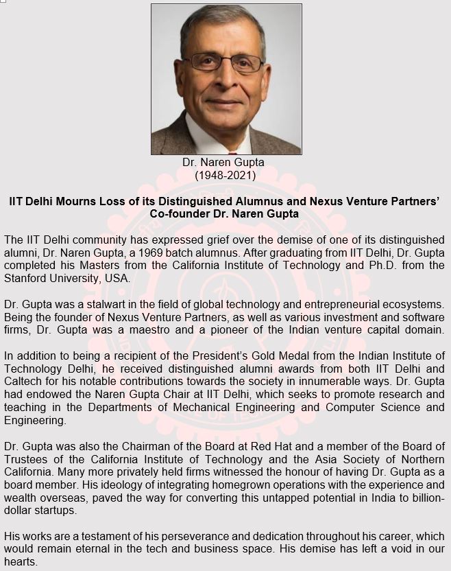 IIT Delhi on X: IIT Delhi Mourns Loss of its Distinguished Alumnus and  Nexus Venture Partners' Co-founder Dr. Naren Gupta   / X