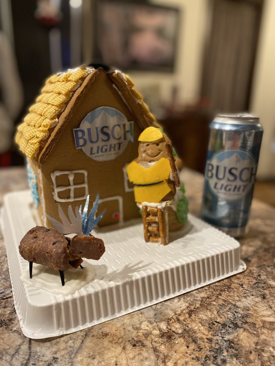 PatrickBagan's tweet photo. The family ginger bread house contest found a new champion this year. @BuschBeer it’s time to bring out the sponsorship. Five days to make my final 2021 goal. 30 cans of golden elixir please. #makemeapro #sponsorship #BuschSponsorship https://t.co/74q9MfD1Tn
