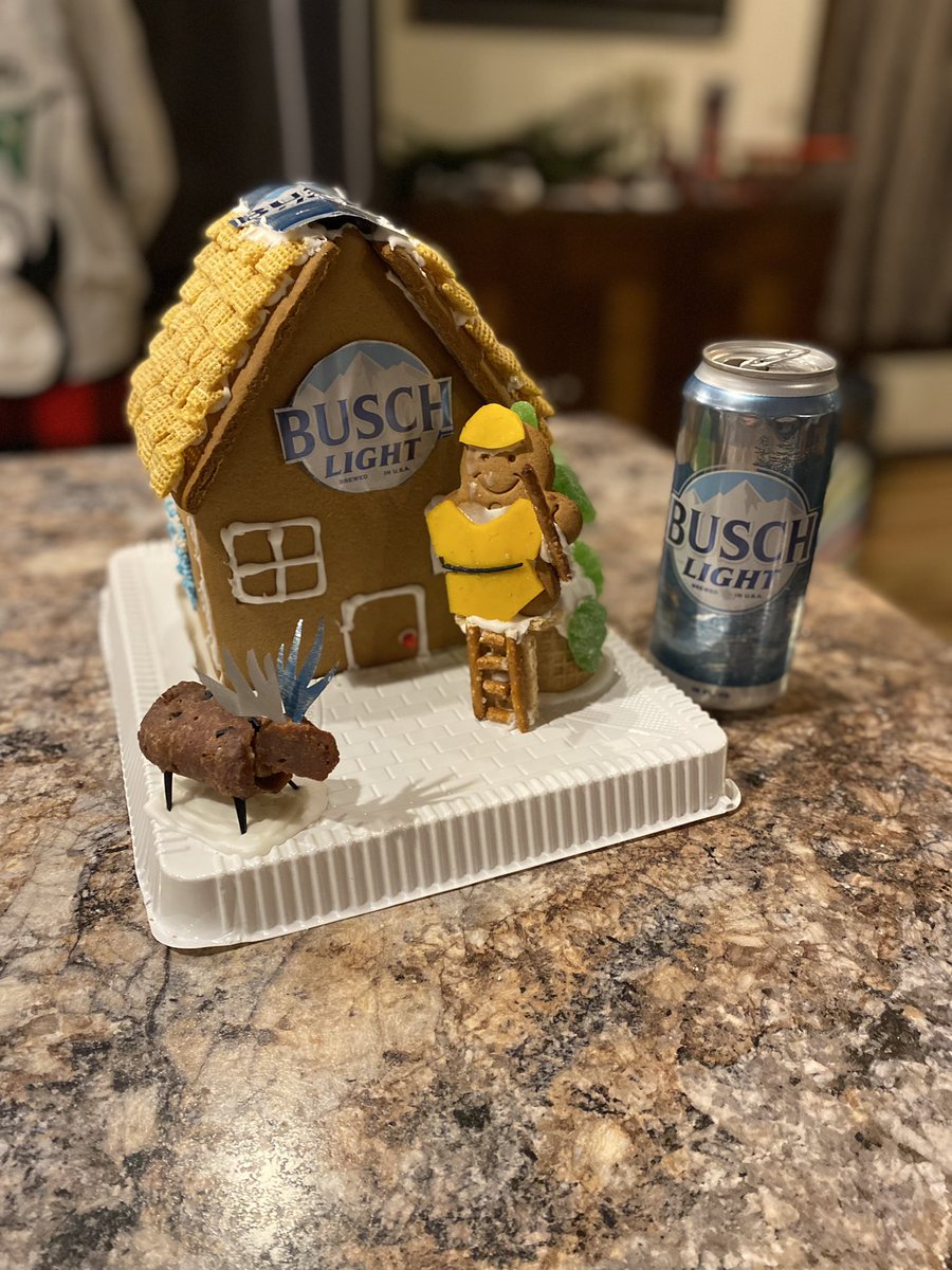 PatrickBagan's tweet photo. The family ginger bread house contest found a new champion this year. @BuschBeer it’s time to bring out the sponsorship. Five days to make my final 2021 goal. 30 cans of golden elixir please. #makemeapro #sponsorship #BuschSponsorship https://t.co/74q9MfD1Tn