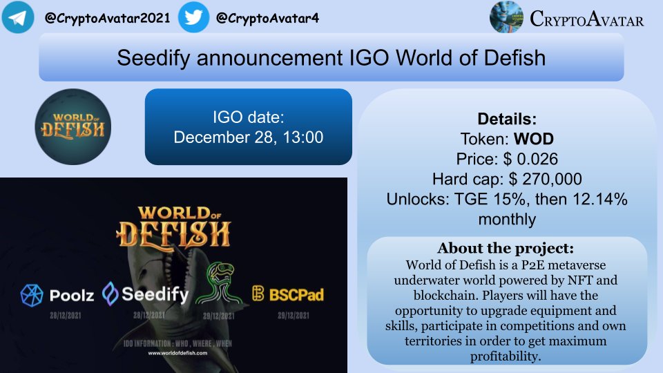 CryptoAvatar4's tweet photo. World of Defish IGO⬇️
IGO will be held on December 28 on the website:
https://t.co/MBUEq15djr
The conditions of participation can be found here: https://t.co/KB93t5zZNd
#WorldOfDefish #Seedify #IGO https://t.co/67Zxchg2PY