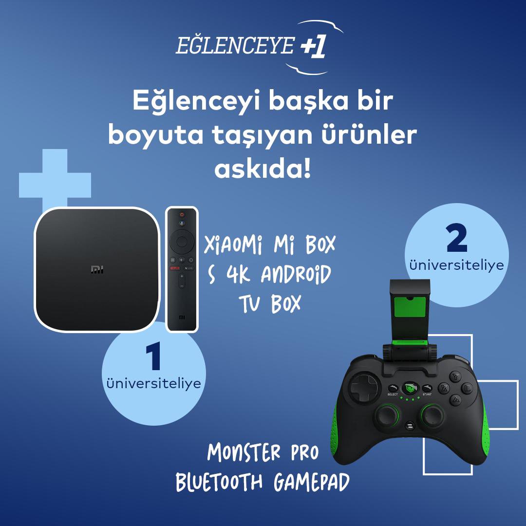 Eğlenceye +1 diyenler için; 1 Adet Xiaomi Mi Box S 4K Android TV Box ve 2 adet Monster Pro Bluetooth Gamepad askıda! <a href="/askidanevar/">Askıda Ne Var</a> ve <a href="/artibir/">#artıbir</a> hesaplarını takip edip bu tweet’i RT’leyen 3 üniversiteliye hediye!