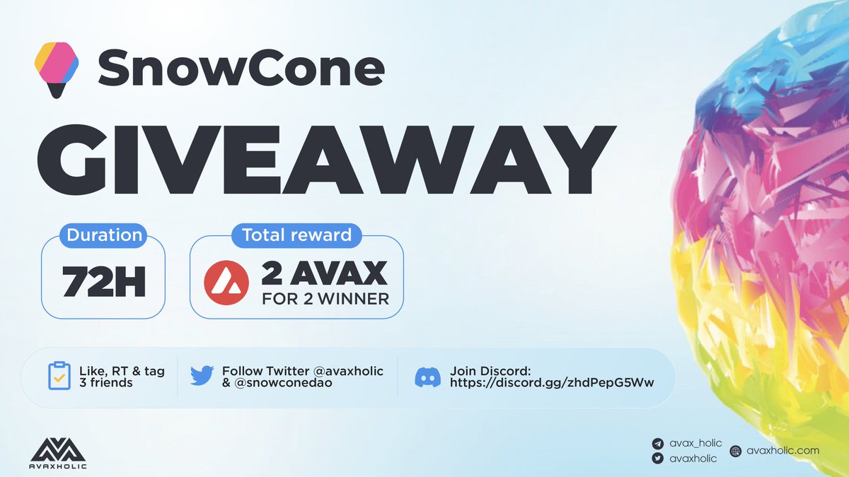 avaxholic's tweet photo. 🍧 SnowConeDAO GIVEAWAY 🍧

⏳Duration: 72H
🎁Total reward: 2 $AVAX

To enter:
✅ Like, RT &amp; tag 3 friends
✅ Follow Twitter @avaxholic &amp; @snowconedao

✅ Join Discord: https://t.co/ixhu5mJWPw https://t.co/zVKSsHu2Ll