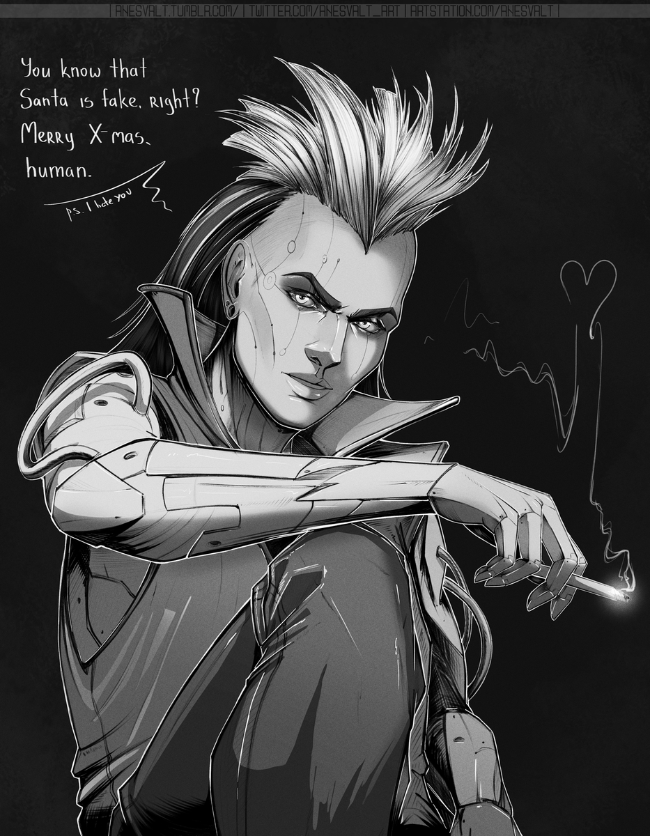 I finally can post it!
A secret santa for my dear friend and mentor <a href="/_rogue_star/">rogue_star</a> 🖤 Andre, android from Starfinder (she/he). And my new crush QwQ 
#starfinder