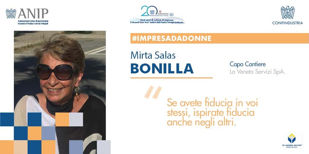 ANIP_it's tweet photo. Mirta Salas Bonilla, Capo Cantiere per LA VENETA SERVIZI SPA: “Sono arrivata a Roma, tanti anni fa, con una valigia, due figli e tanta speranza nel futuro. La vita mi ha fatto conoscere una donna unica: Rosa D’Ambrosio, Fondatrice dell’azienda. Oggi sono felice”. #ImpresaDaDonne https://t.co/1Syp5y4nph