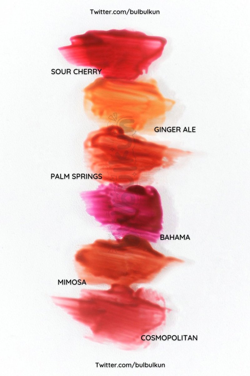 • Sour Cherry: Bright cherry red
• Ginger Ale: Light ginger brown
• Palm Springs: Burnt orange with coral undertone
• Bahama: Deep raspberry red
• Mimosa: Caramel brown with warm undertone
• Cosmopolitan: Guava pink with mauve undertone