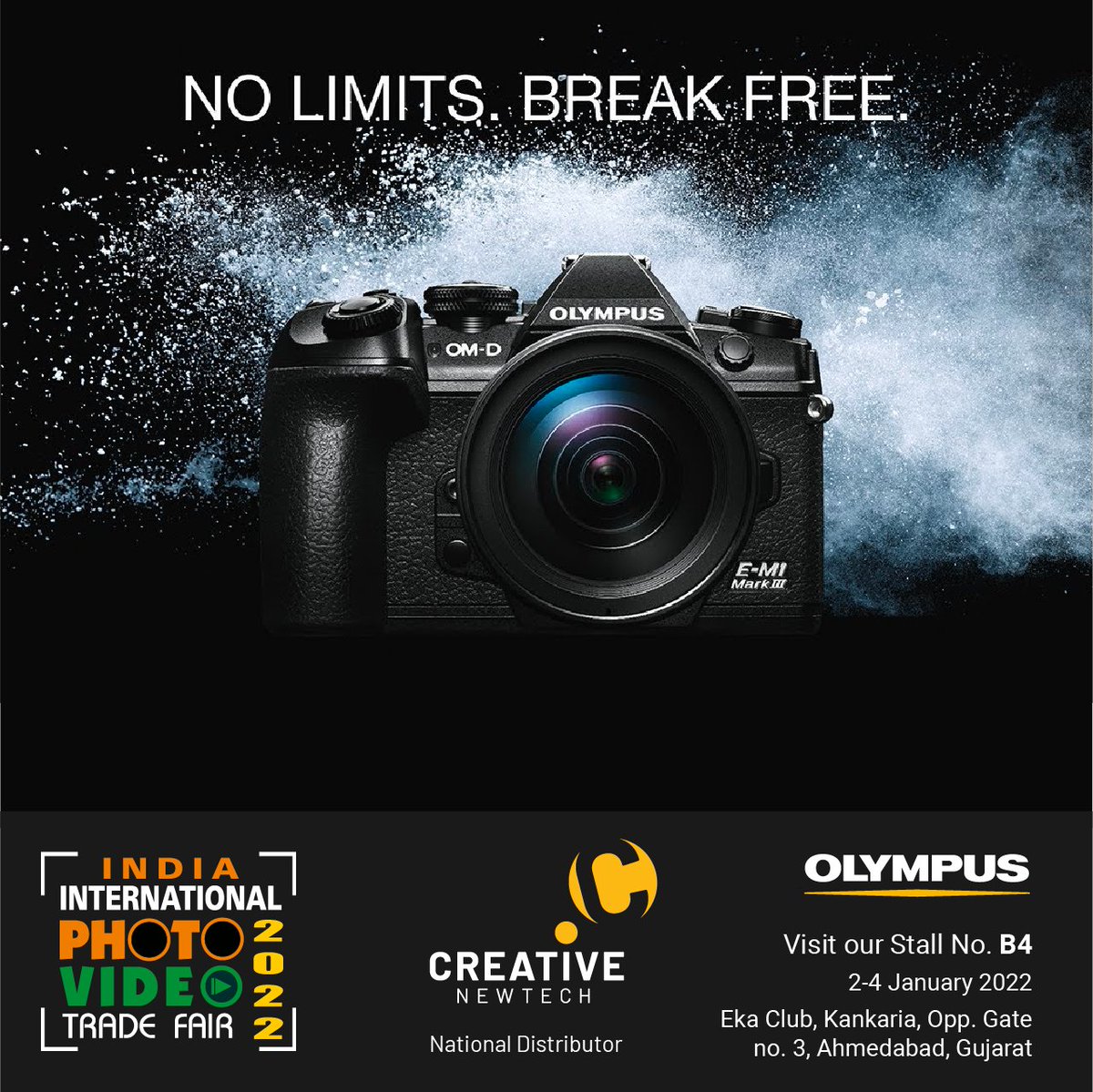 OlympusProIndia's tweet photo. Come and experience entire range of OLYMPUS Mirrorless cameras, lenses &amp; binoculars at our stall No. B4, India International Photo Video Trade Fair 2022 Exhibition.

Date to visit: 2nd January – 4th January 2022.

Venue: Eka Club, Kankaria, opp. Gate no. 3, Ahmedabad, Gujarat. https://t.co/VufjnsQWpU