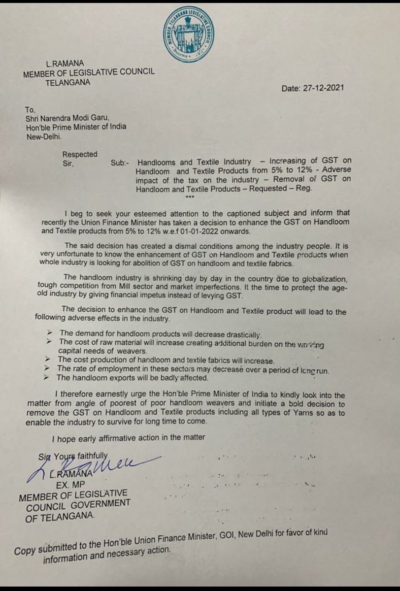 ireddysrinivasr's tweet image. MLC for Karimnagar local bodies L Ramana writes a letter to PM #Modi over increase of #GST on #Textiles &amp;amp; Handloom Industry
