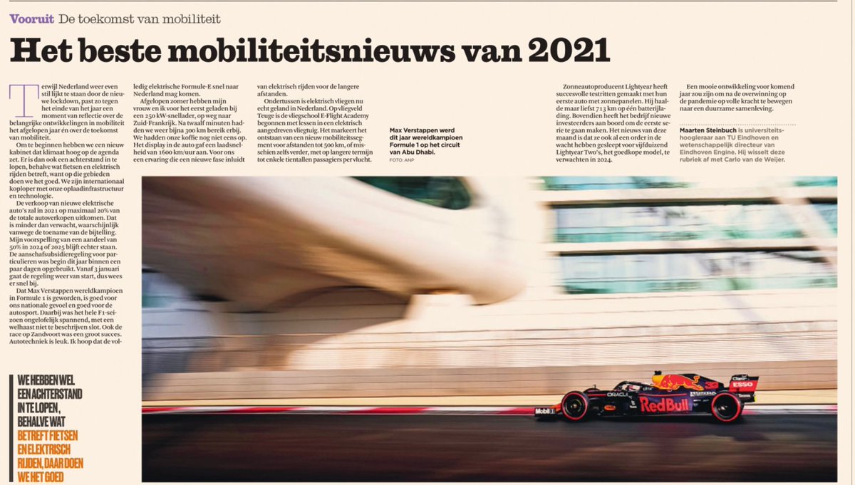 Zeer vereerd om onderdeel te mogen zijn van Het Beste Mobiliteitsnieuws van 2021 van <a href="/M_Steinbuch/">Maarten Steinbuch</a> in het <a href="/FD_Nieuws/">FD Nieuws</a>  🙏 🙏 🙏 Op naar nog meer goed nieuws in 2022!!