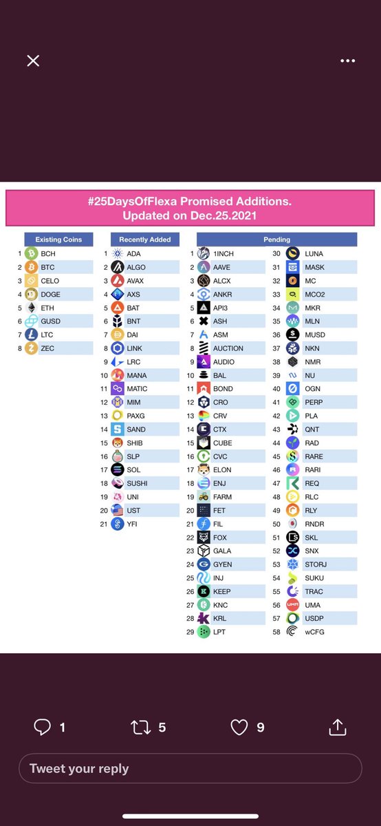 collardbloom's tweet photo. $Flexa which is powered by $amp just added all these tokens that are being prepared to be spendable anywhere… all these token owners should support amp even if it’s just 1$ purchase … big plans on the horizon #amp #Crypto #CryptocurrencyNews https://t.co/3uLaYmy685