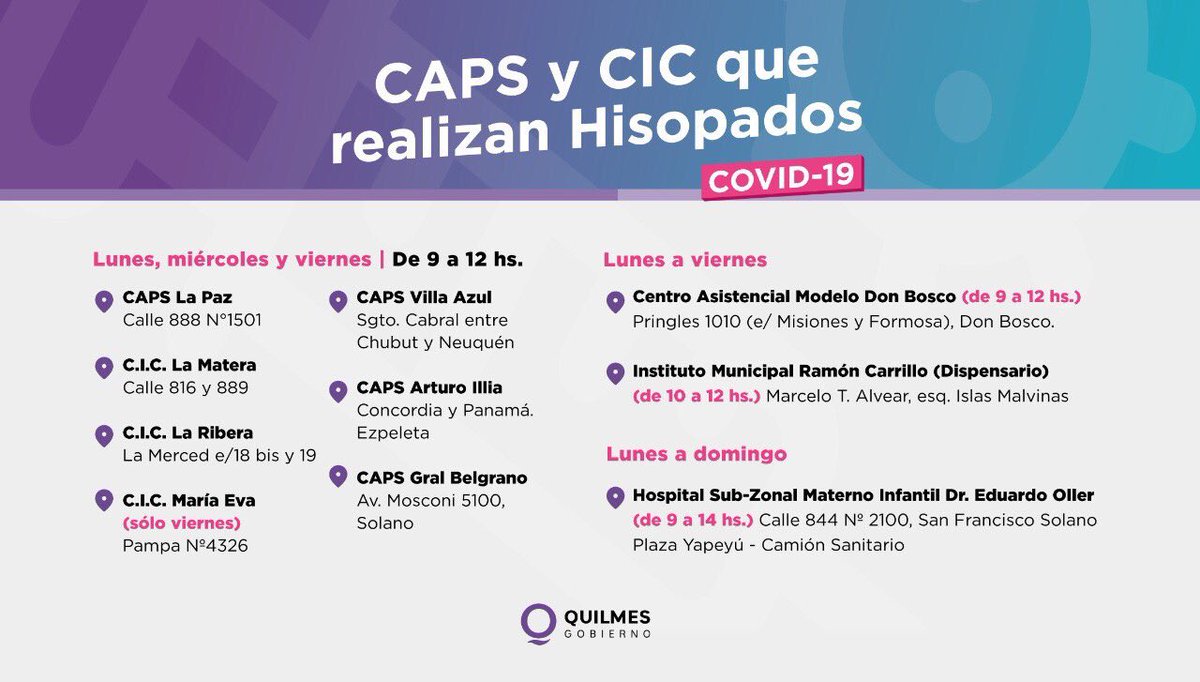 mayrasmendoza's tweet photo. 🦠 Estos son los lugares en #Quilmes donde estamos realizando testeos de Covid-19. 

Acercate a tu punto más cercano y sigámonos cuidando entre todos y todas https://t.co/S4MAeEQEt8