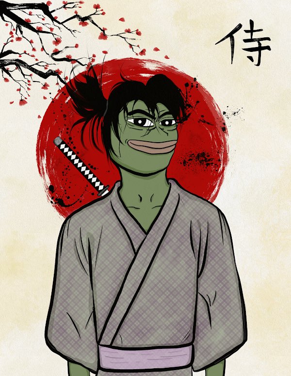 Crazydoc96's tweet photo. Pepe Samurai

This art is a fusion of traditional Japanese cherry blossom art with the legendary Pepe frog wearing Yukata( a Japanese traditional attire) carrying a samurai sword. @jaggedsoft @shibe888 @Giga_Chad_Pepe @MaizeXBT 

🔗 https://t.co/gWr7Nc8RzZ https://t.co/ES2PEa0CF6